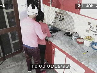 Proprietor and young lady afoul wide cctv . Blow-job and having it away wide kitchenette